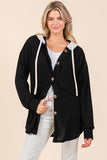 Textured Button Down Drawstring Hooded Shacket in Black