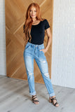 AIDEN HIGH RISE PATCH POCKET DISTRESSED BOYFRIEND JEANS