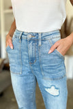 AIDEN HIGH RISE PATCH POCKET DISTRESSED BOYFRIEND JEANS