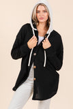 Textured Button Down Drawstring Hooded Shacket in Black