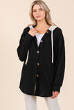 Textured Button Down Drawstring Hooded Shacket in Black