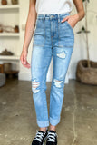 AIDEN HIGH RISE PATCH POCKET DISTRESSED BOYFRIEND JEANS