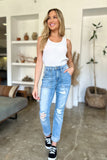 AIDEN HIGH RISE PATCH POCKET DISTRESSED BOYFRIEND JEANS