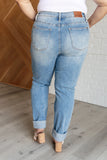 AIDEN HIGH RISE PATCH POCKET DISTRESSED BOYFRIEND JEANS