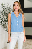 Buttoned Up Buttercup Sleeveless Top in Ocean Blue