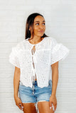 Classy Eyelet Front Tie Top in Off White