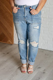 AIDEN HIGH RISE PATCH POCKET DISTRESSED BOYFRIEND JEANS