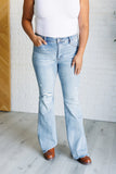 CAROLINE MID RISE CONTROL TOP DISTRESSED FLARE JEANS