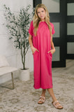 Kendra Short Sleeve Midi Dress in Hot Pink
