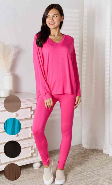 V-Neck Soft Rayon Long Sleeve Top and Pants Lounge Set