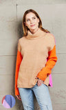 Color Block Turtleneck Slit Sweater