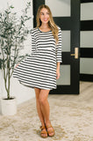 Scooped Hem Dress in Black and White Stripes