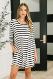 Scooped Hem Dress in Black and White Stripes