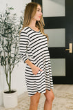 Scooped Hem Dress in Black and White Stripes