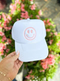 White Embroidered smiley Trucker Hats