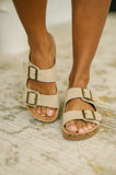 Jete Nubuck Double Buckle Slides in Light Taupe
