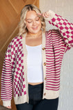 Button Down Sweater Knit Cardigan in Magenta/Oatmeal