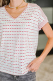 Stitched with Love V-Neck Top in Ivory and Red