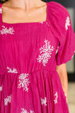Twirl in Bloom Square Neck Dress in Hot Pink