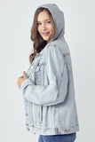 Distressed Drawstring Hooded Denim Jacket