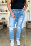 AIDEN HIGH RISE PATCH POCKET DISTRESSED BOYFRIEND JEANS