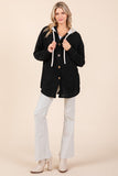 Textured Button Down Drawstring Hooded Shacket in Black