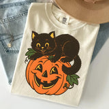 Vintage Black Cat + Pumpkin Sweatshirt & Tee