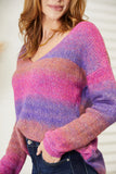 Multicolored Rib-Knit V-Neck Knit Pullover