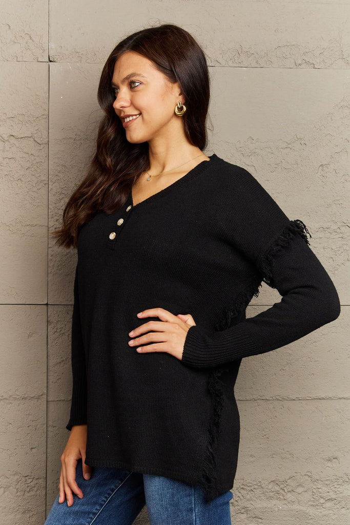 Buttoned Dropped Shoulder Raw Hem Pullover Sweater