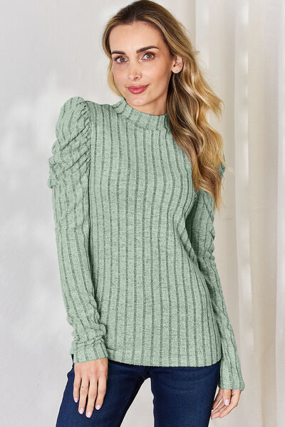 Claire Ribbed Mock Neck Puff Sleeve Top