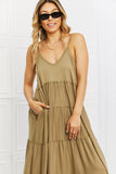 Amy Spaghetti Strap Tiered Dress with Pockets in Khaki