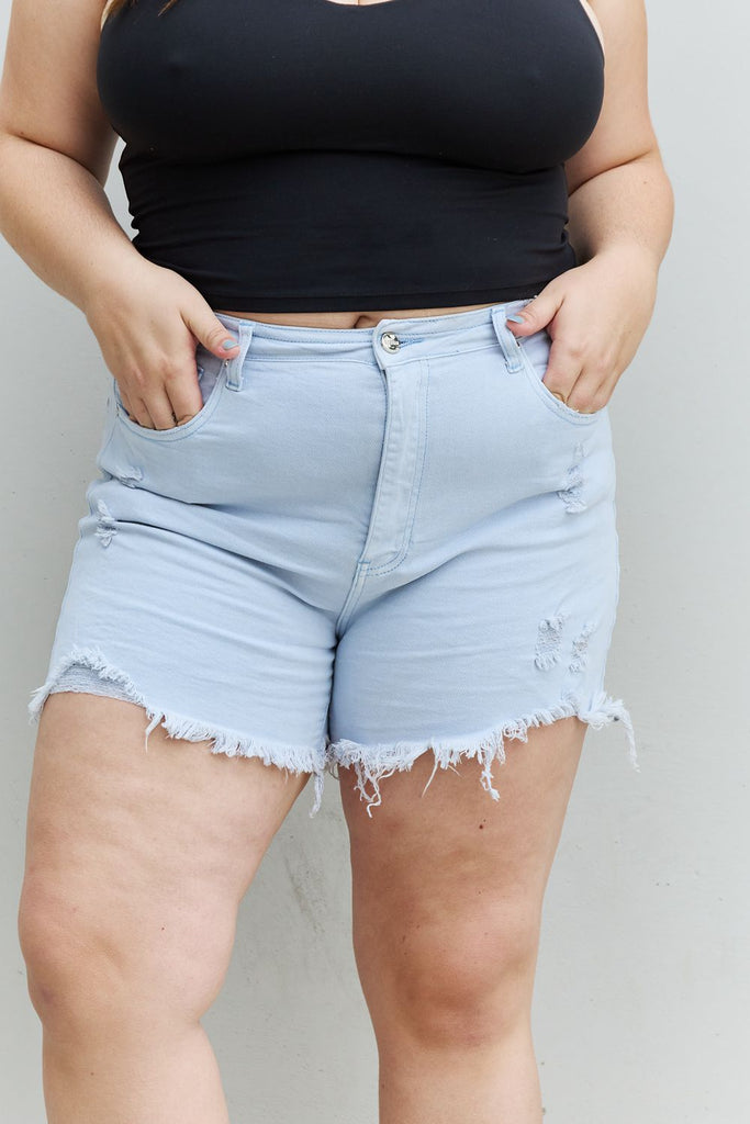 Katie High Waisted Distressed Shorts in Ice Blue