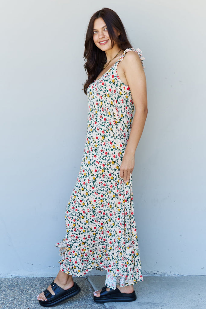 The Garden Ruffle Floral Maxi Dress in Natural Rose