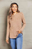 Donna Round Neck Puff Sleeve Ribbed Top